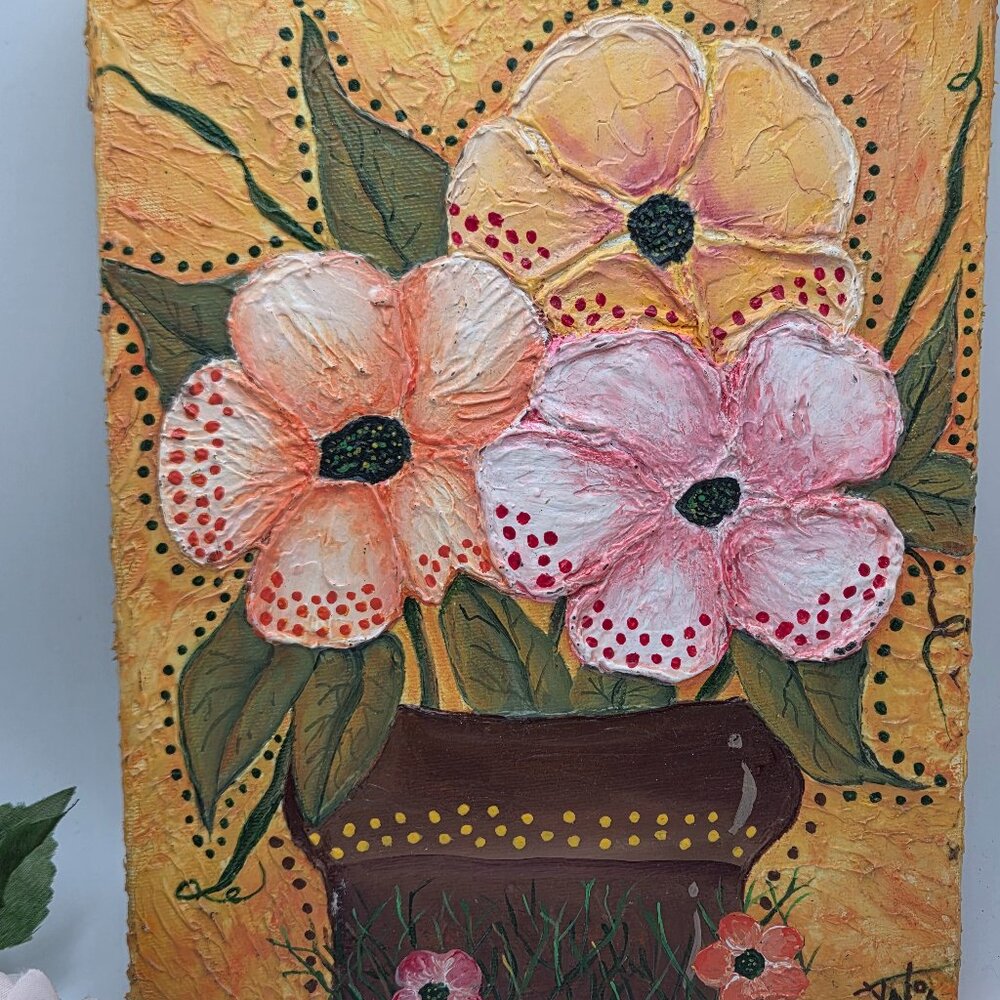Vintage Floral Textured Painting Art Impasto Flowers on Canvas Signed